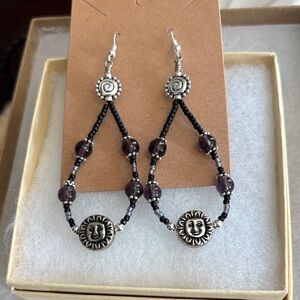 Sun Motif Silver and Black Beaded Earrings